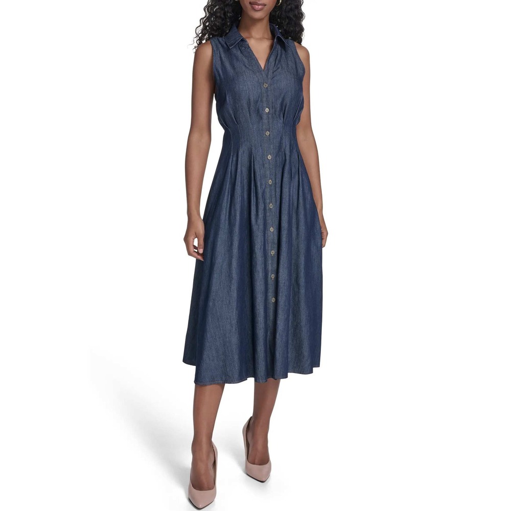 Tommy Hilfiger Women Denim Midi Dress Blue Sleeveless Button Front Size 4 NWT